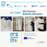 Primer taller de IT’S WORTH IT en el IES Doctor Balmis de Alicante: alumnado trabajando con notas adhesivas sobre una silueta en papel