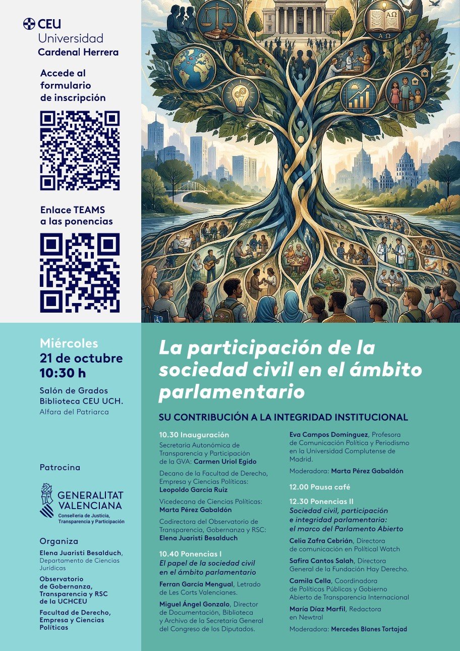 Cartel de la jornada «La participación de la sociedad civil en el ámbito parlamentario. Su contribución a la integridad institucional», 21 de octubre de 2026